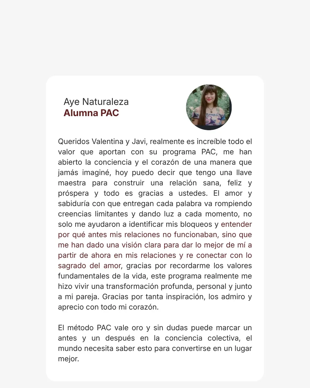 Testimonio Aye Naturaleza — Alumna PAC
