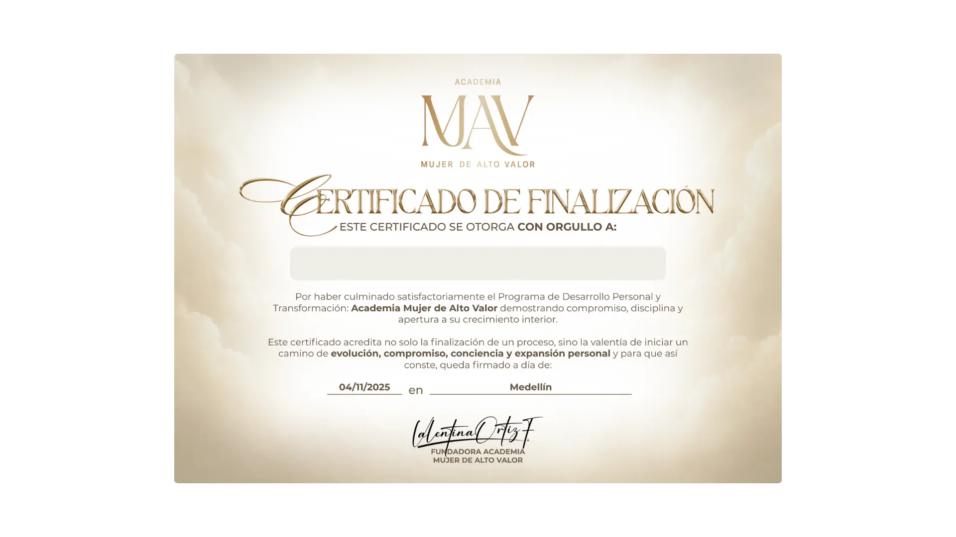 Certificado de finalización de la academia MAV